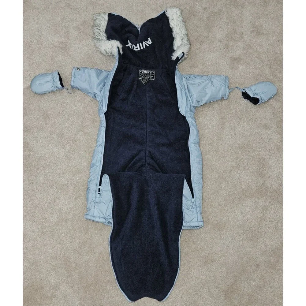 Avirex Blue Snowsuit Hooded Fleece Lined Attached Mittens Baby 3-6 Months